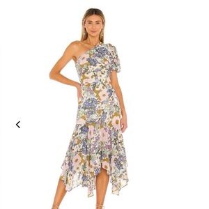 Astr One-Shoulder Floral Midi Dress in White, Purple, Pink, Olive